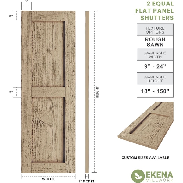 Rustic Two Equal Panel Flat Panel Rough Sawn Faux Wood Shutters (Per Pair), Primed Tan, 18W X 86H
